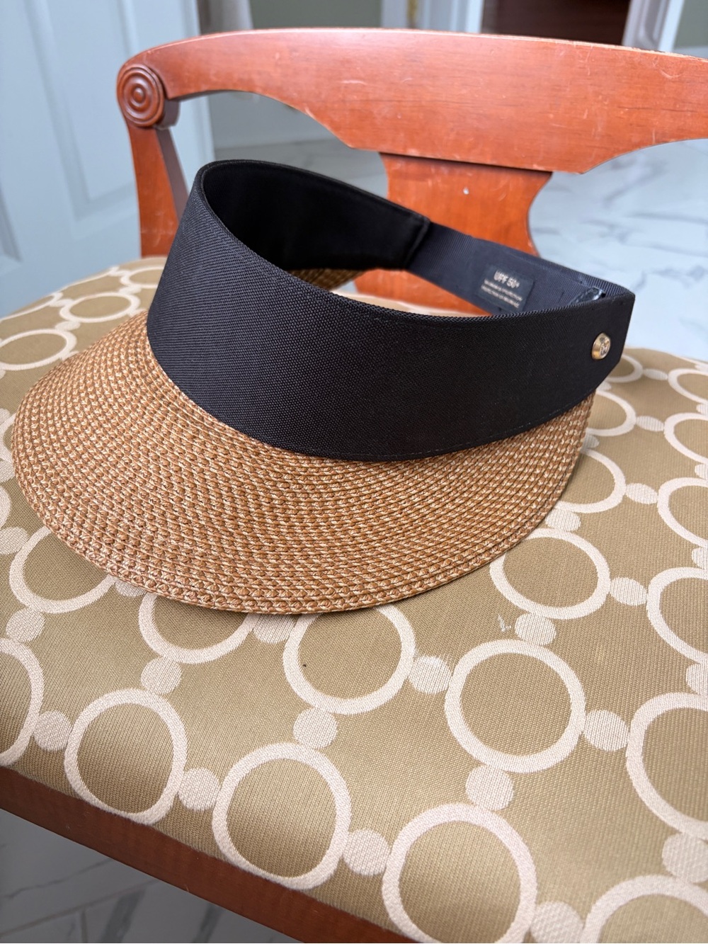 Eric Javits Tan Straw Visor with Black Band and Gold Stud - Picture 2 of 5